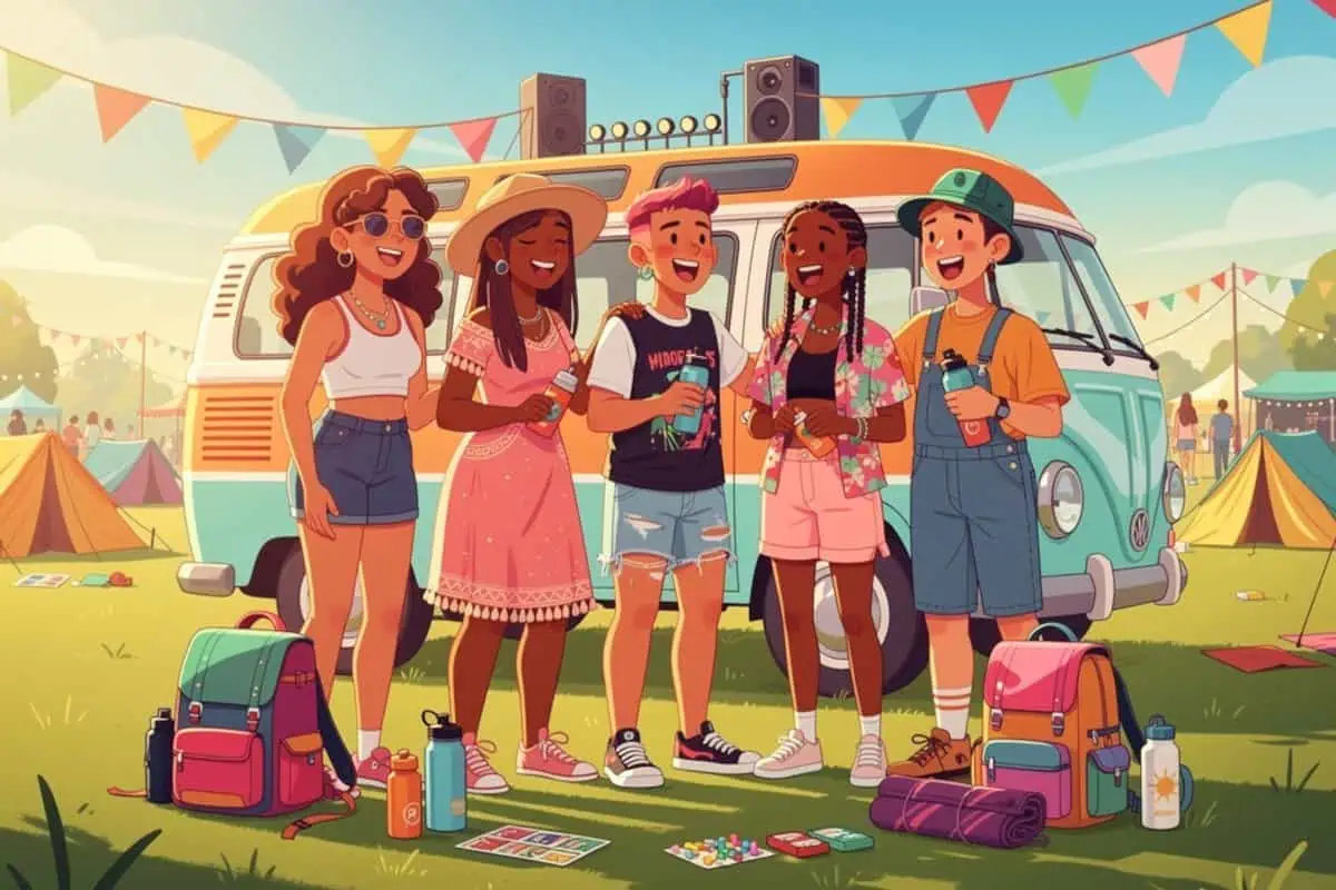 Cartoon version of festival road trip: 4 characters in front of VW campervan
