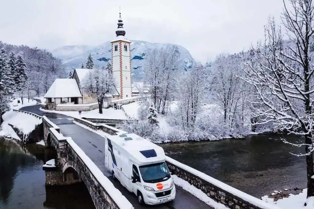 Motorhome in winter wonderland, seen from above