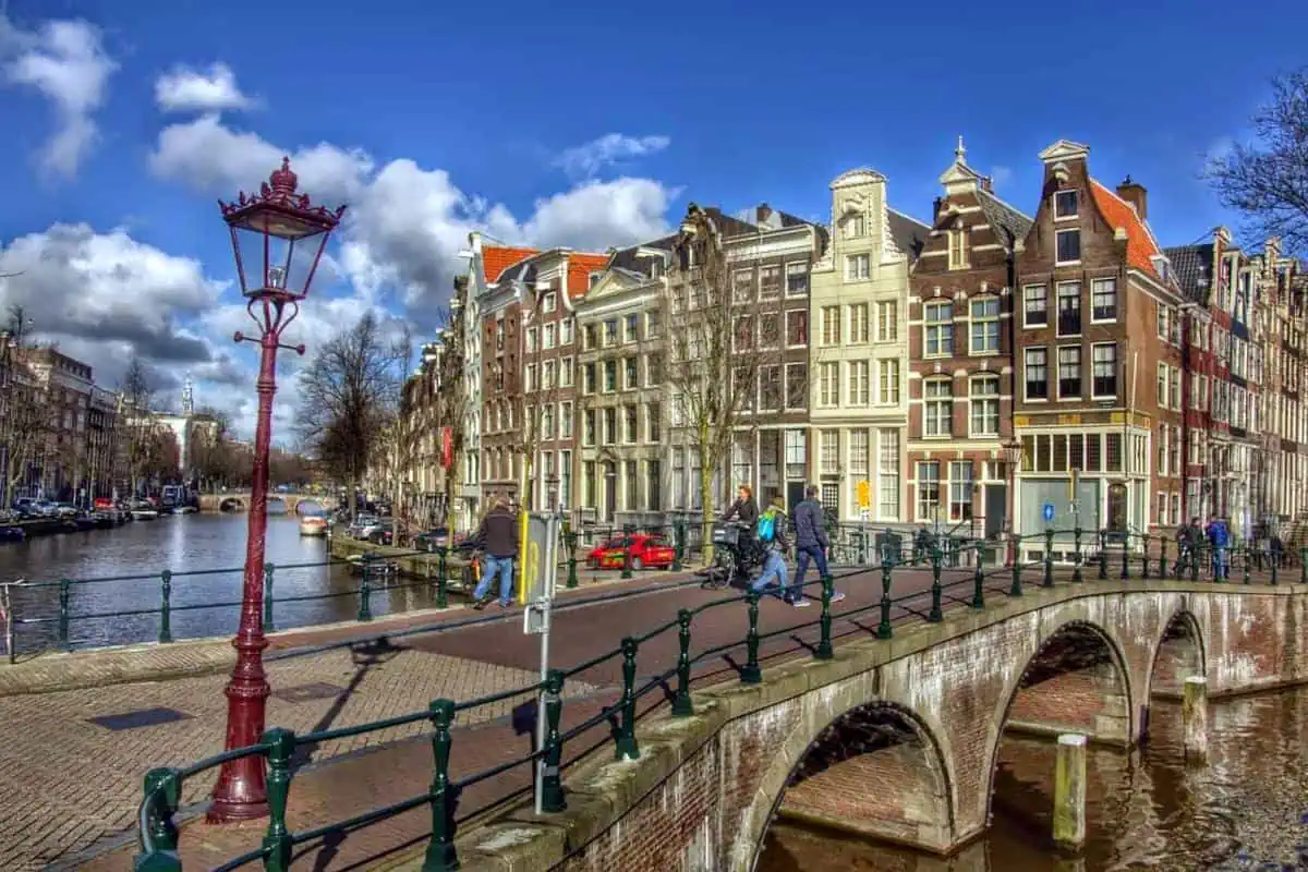 View of typical Amsterdam street with canal and small bridge
