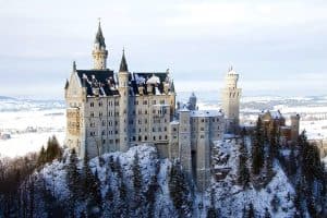 Complete view of the Neuschwanstein Castle in snow (winter view)