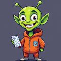Green alien-like cartoon character in an orange suit