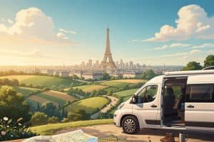 Cartoon: campervan parked on a hill, overlooking the valley. Eiffel Tower in distance